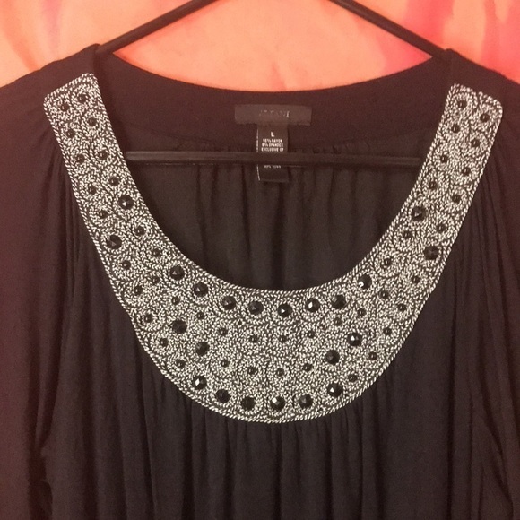 Alfani Women’s Tunic Black Jeweled Neckline Drapes at Sleeve and Hem Size L EUC - Picture 2 of 11